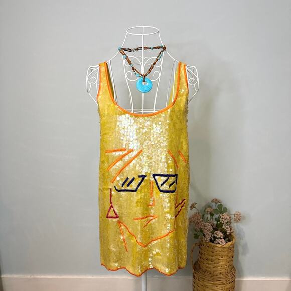 Gorgeous vintage yellow silk sequin abstract mini embroidered babydoll dress - Picture 2 of 6